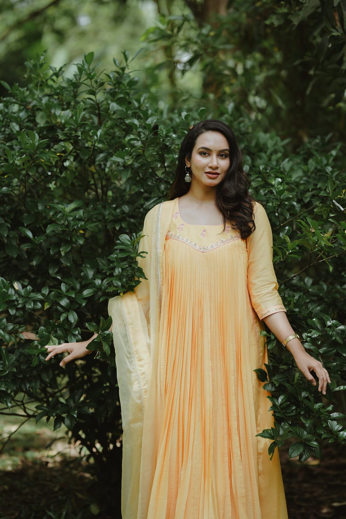 Handworked Pure Chanderi Pleated Kurta with Soft Organza Dupatta