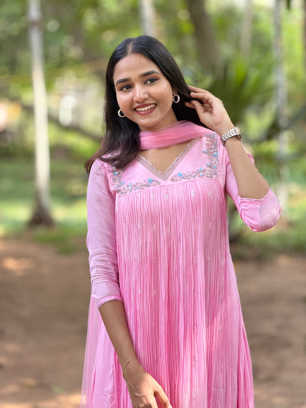 Handworked Pleated Kurta with Dupatta