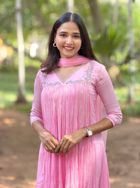 Handworked Pleated Kurta with Dupatta
