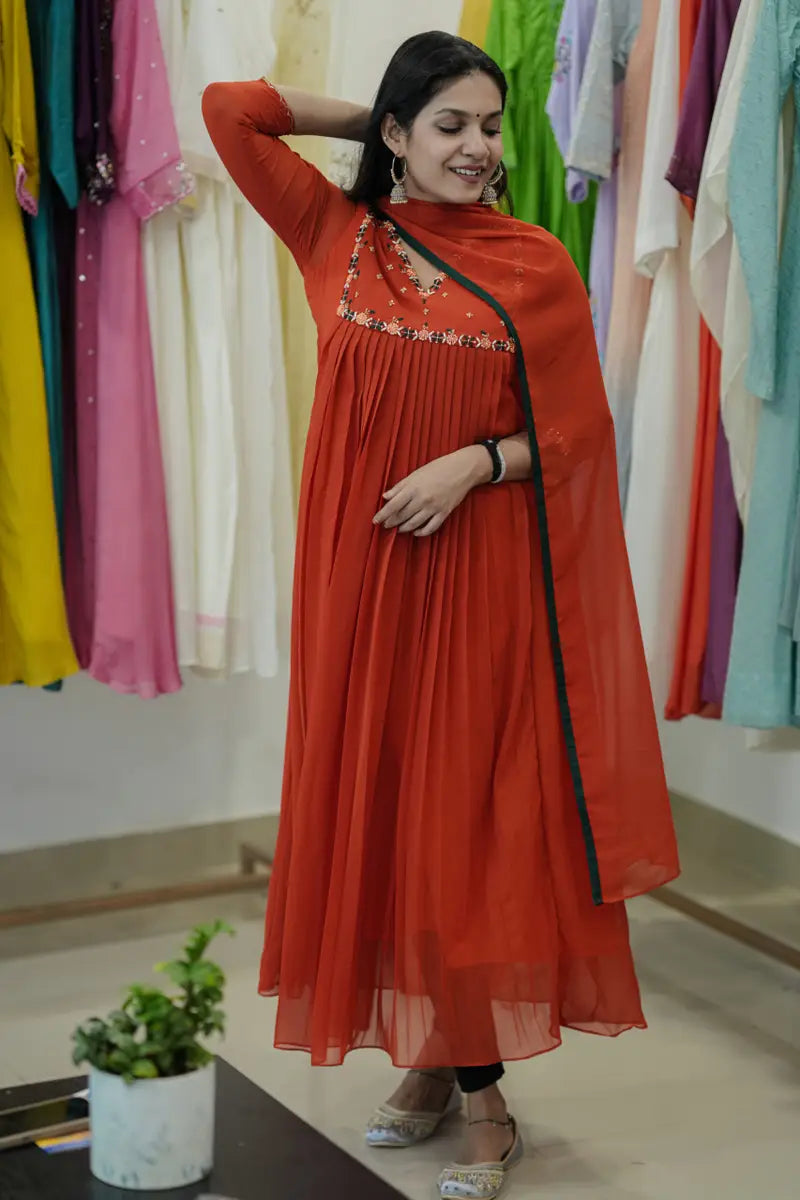 Handworked Pleated Kurta with Dupatta