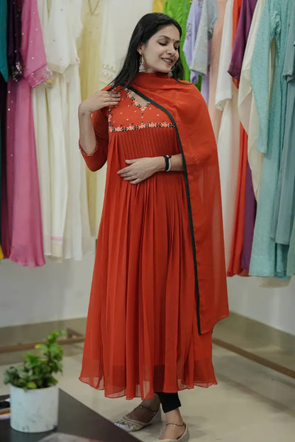 Handworked Pleated Kurta with Dupatta