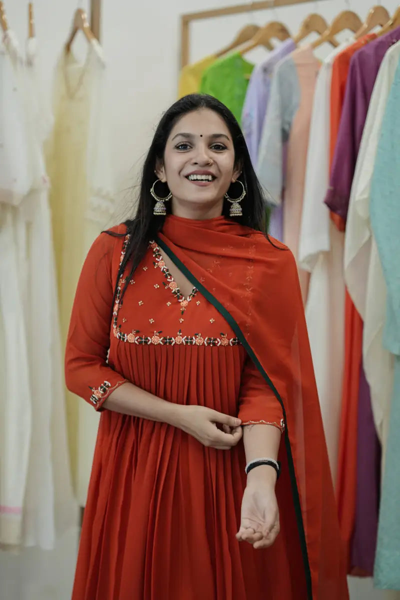 Handworked Pleated Kurta with Dupatta