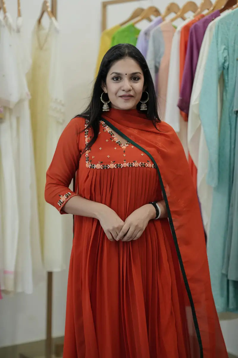 Handworked Pleated Kurta with Dupatta