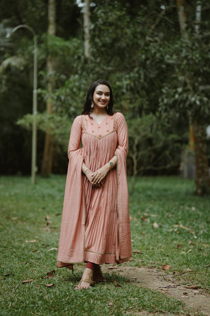 Handworked Pure Chanderi Pleated Kurta with Dupatta