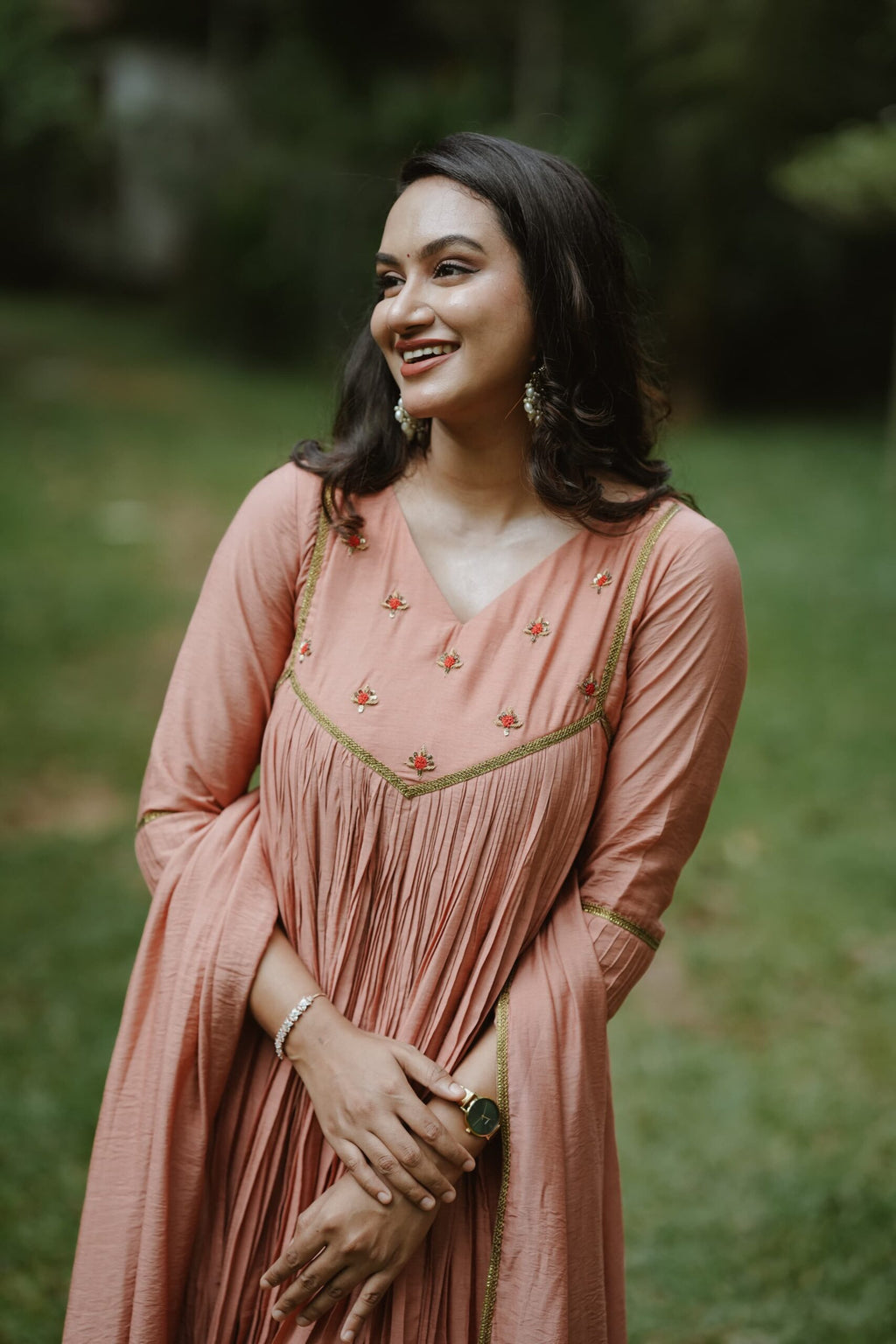 Handworked Pure Chanderi Pleated Kurta with Dupatta