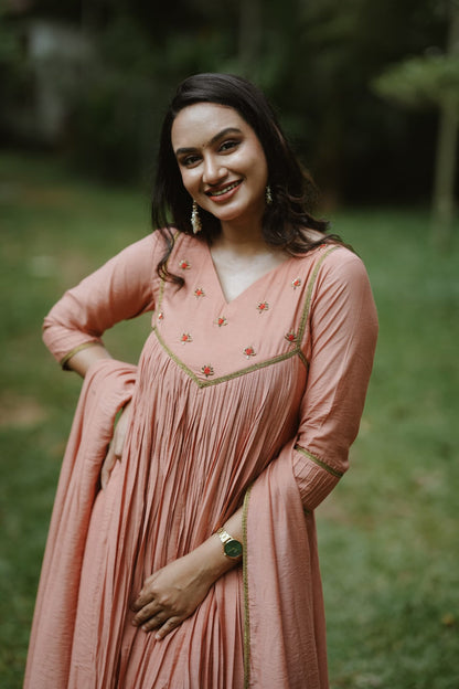 Handworked Pure Chanderi Pleated Kurta with Dupatta
