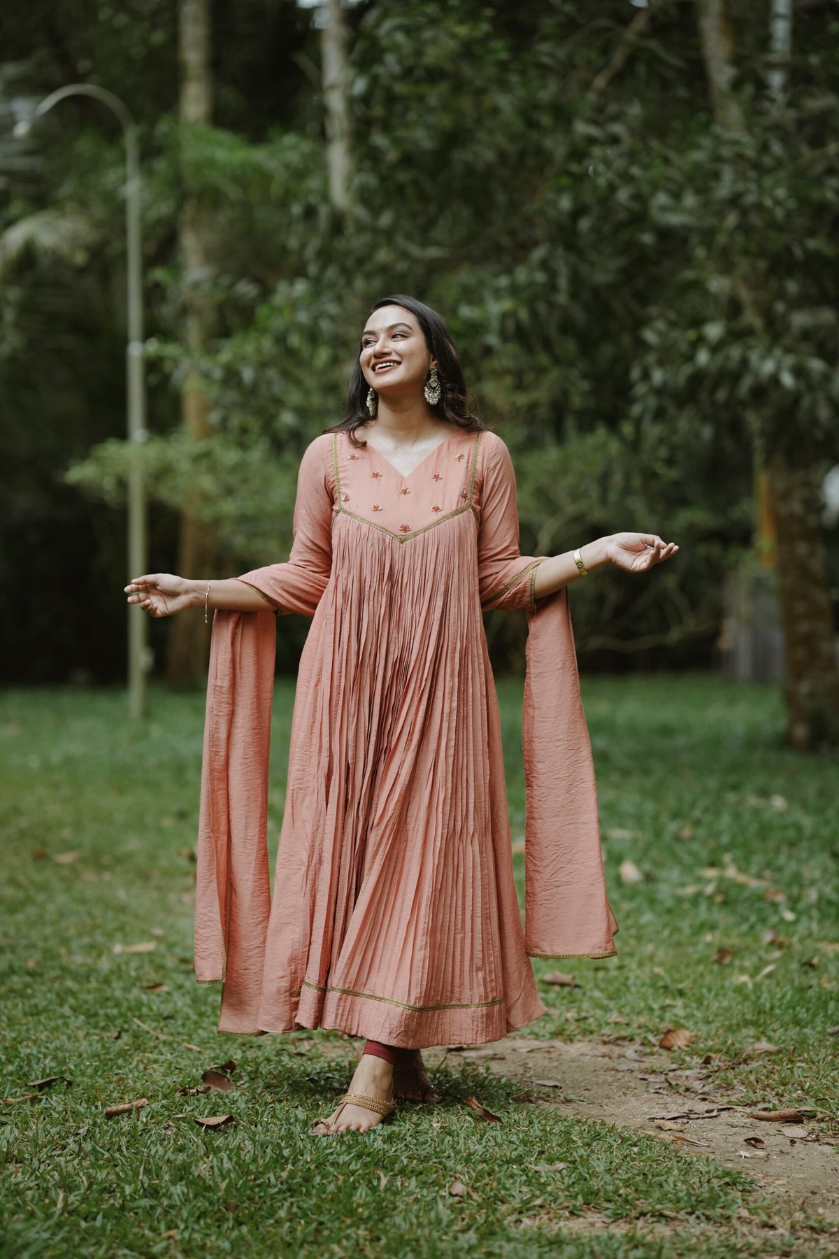 Handworked Pure Chanderi Pleated Kurta with Dupatta