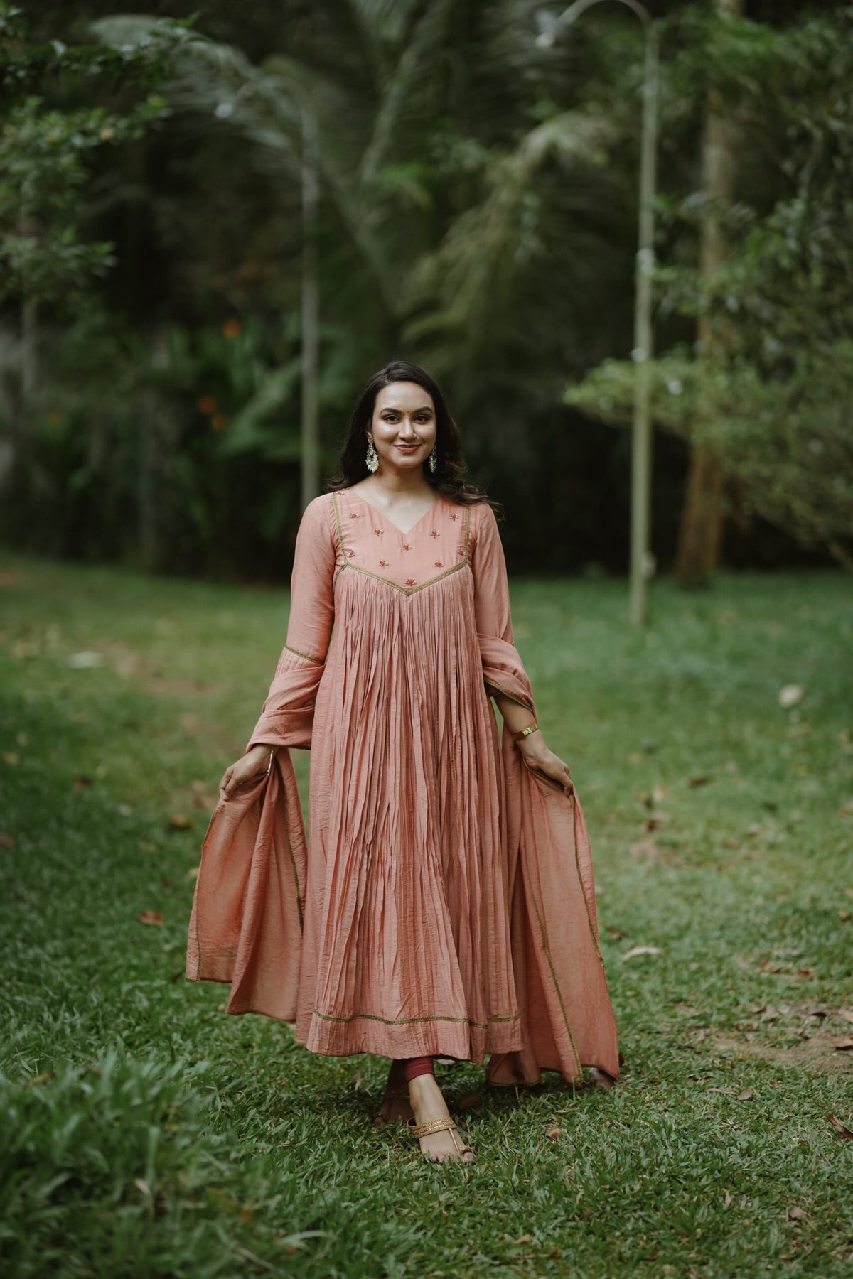 Handworked Pure Chanderi Pleated Kurta with Dupatta