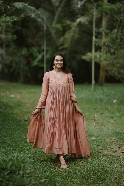 Handworked Pure Chanderi Pleated Kurta with Dupatta