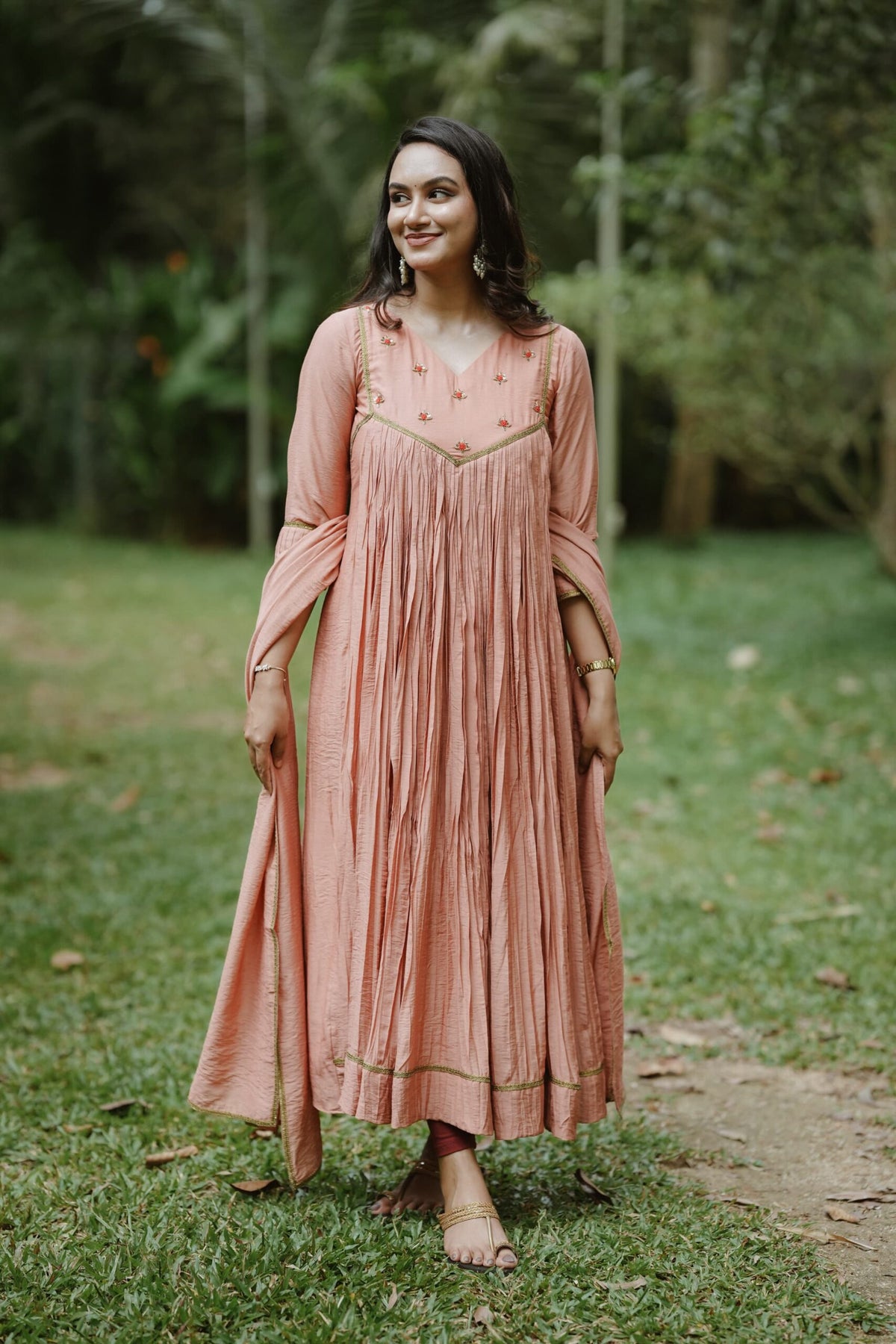 Handworked Pure Chanderi Pleated Kurta with Dupatta