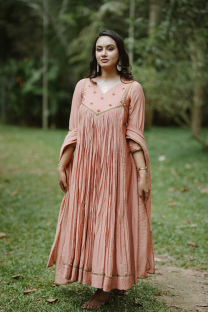 Handworked Pure Chanderi Pleated Kurta with Dupatta