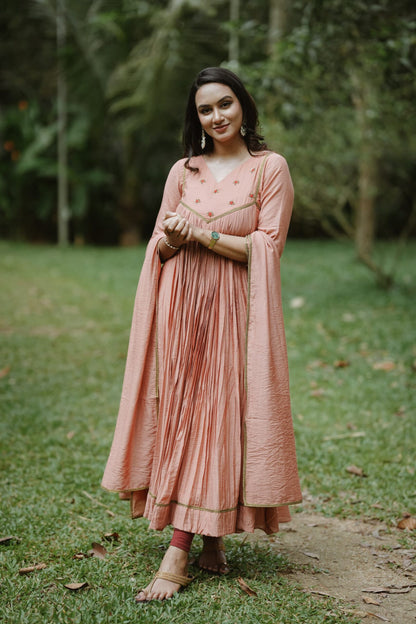 Handworked Pure Chanderi Pleated Kurta with Dupatta