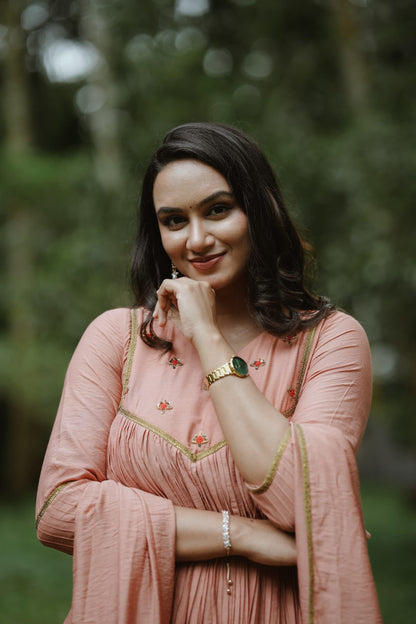 Handworked Pure Chanderi Pleated Kurta with Dupatta