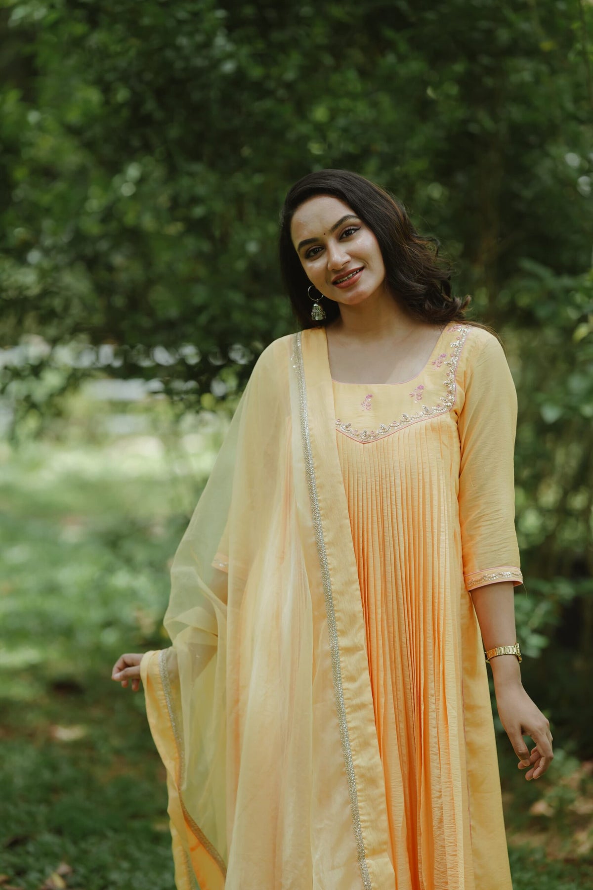 Handworked Pure Chanderi Pleated Kurta with Soft Organza Dupatta