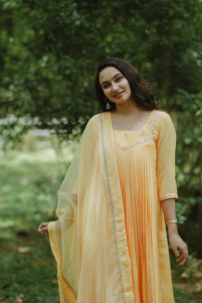 Handworked Pure Chanderi Pleated Kurta with Soft Organza Dupatta
