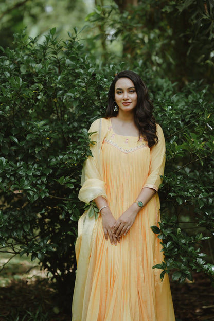 Handworked Pure Chanderi Pleated Kurta with Soft Organza Dupatta