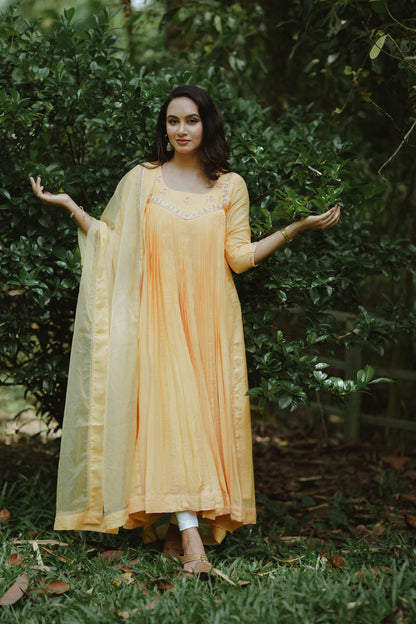 Handworked Pure Chanderi Pleated Kurta with Soft Organza Dupatta