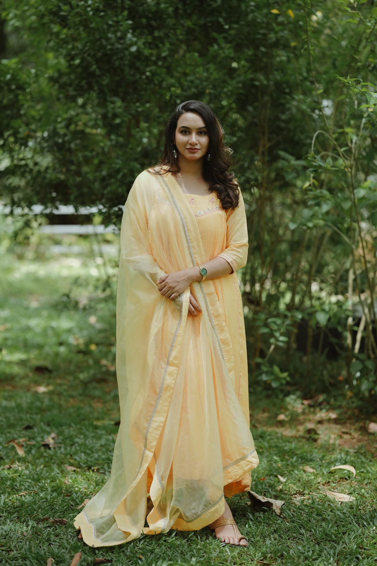 Handworked Pure Chanderi Pleated Kurta with Soft Organza Dupatta