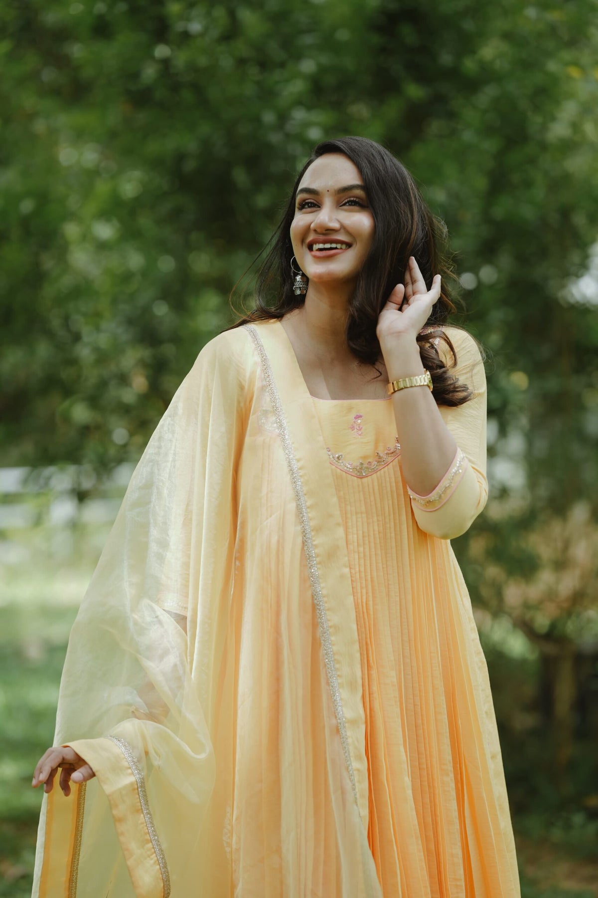 Handworked Pure Chanderi Pleated Kurta with Soft Organza Dupatta