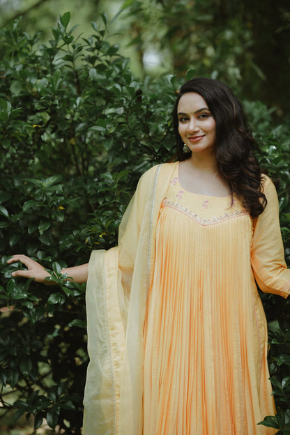 Handworked Pure Chanderi Pleated Kurta with Soft Organza Dupatta