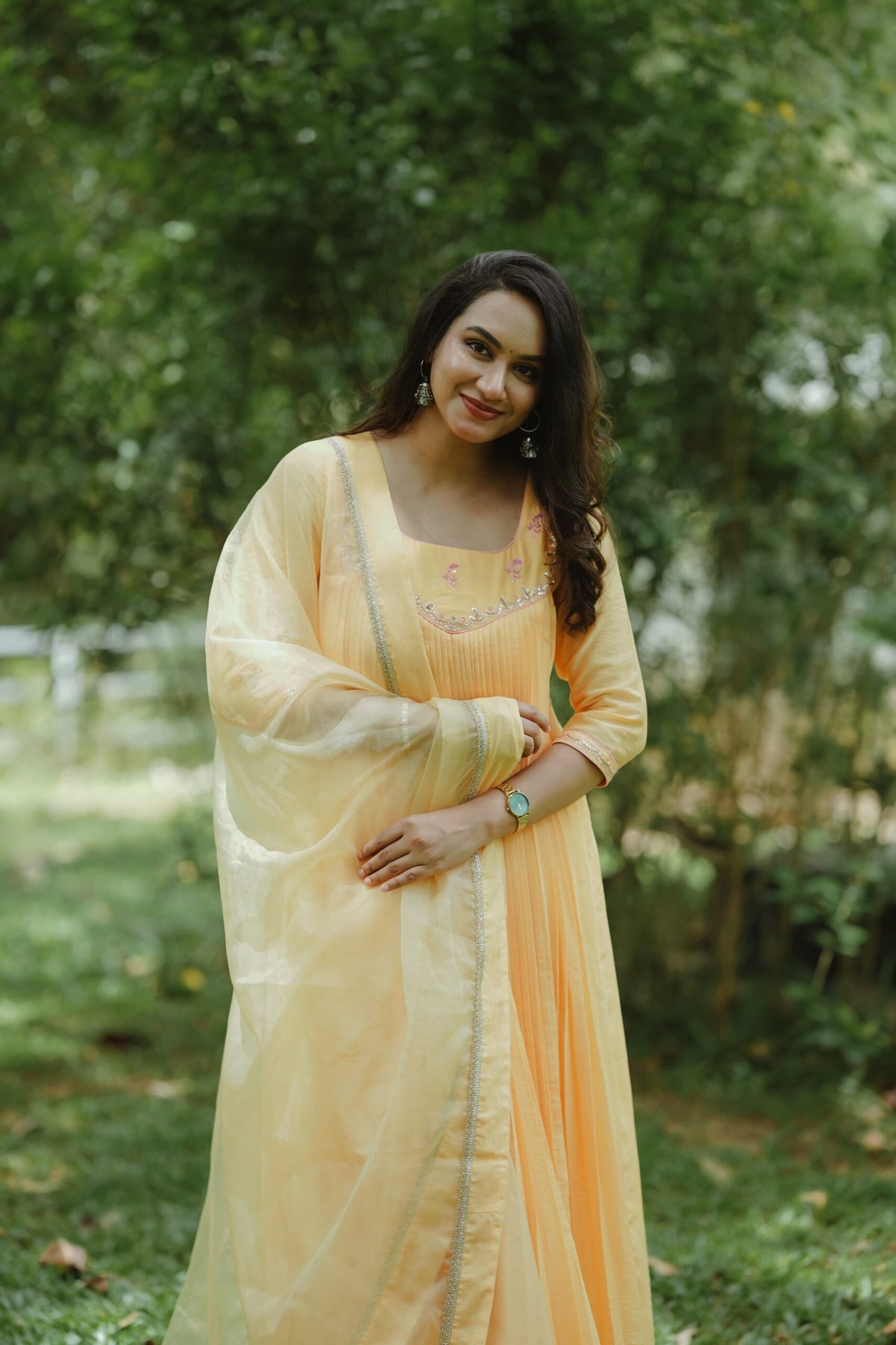 Handworked Pure Chanderi Pleated Kurta with Soft Organza Dupatta