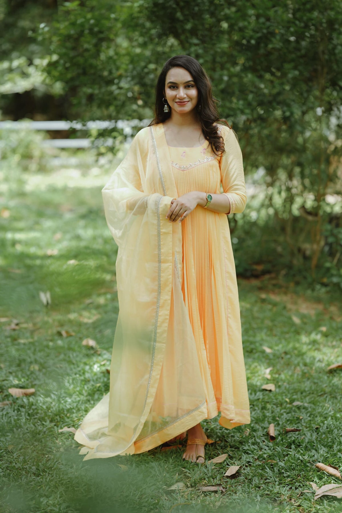 Handworked Pure Chanderi Pleated Kurta with Soft Organza Dupatta
