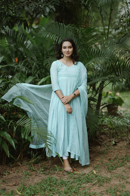Handworked Pure Chanderi Pleated Kurta with Soft Organza Dupatta
