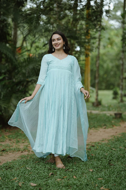 Handworked Pure Chanderi Pleated Kurta with Soft Organza Dupatta
