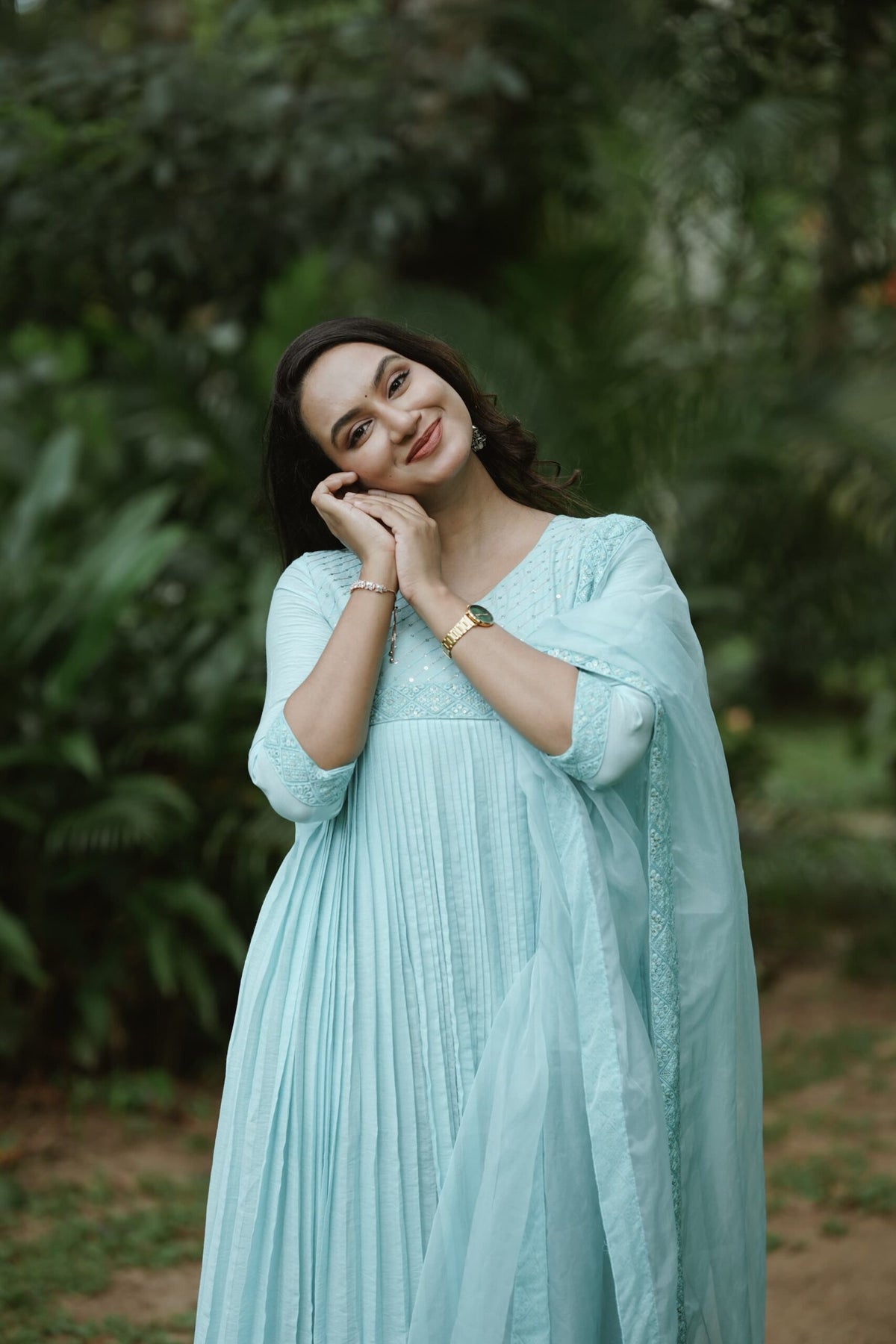 Handworked Pure Chanderi Pleated Kurta with Soft Organza Dupatta