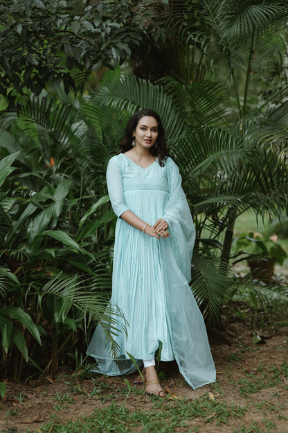 Handworked Pure Chanderi Pleated Kurta with Soft Organza Dupatta