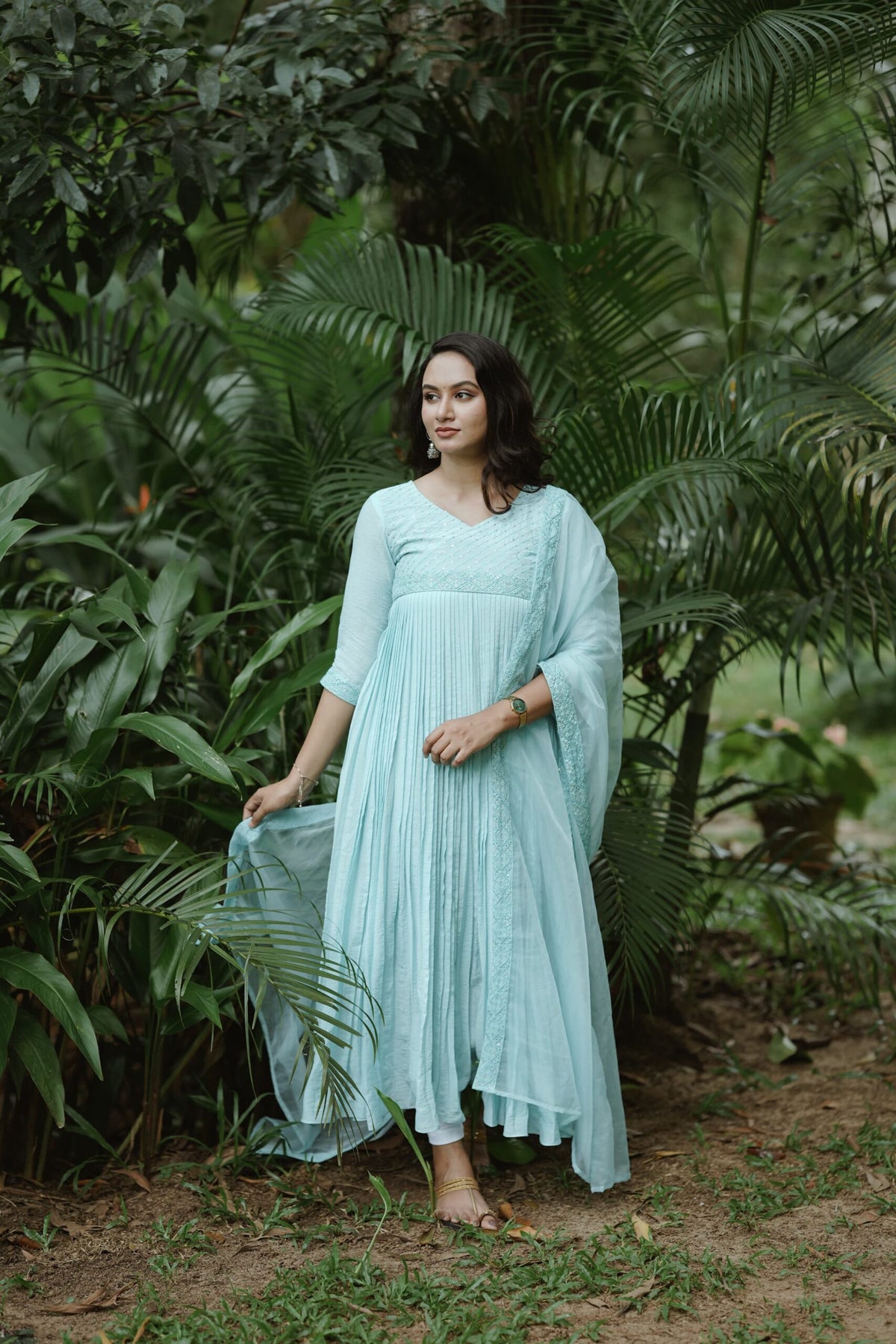 Handworked Pure Chanderi Pleated Kurta with Soft Organza Dupatta