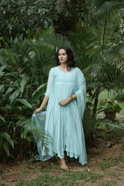 Handworked Pure Chanderi Pleated Kurta with Soft Organza Dupatta