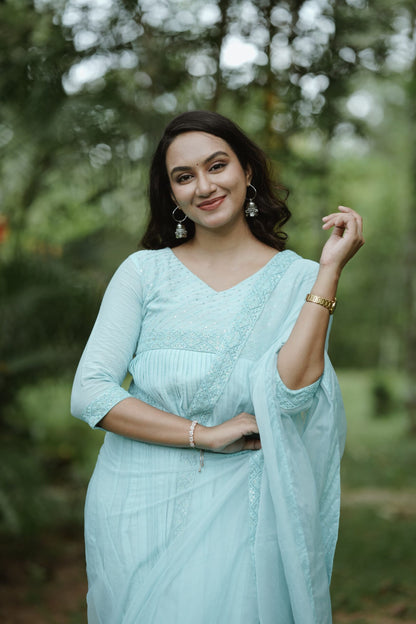 Handworked Pure Chanderi Pleated Kurta with Soft Organza Dupatta
