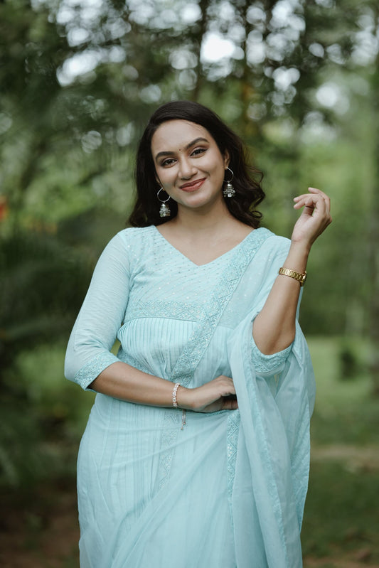 Handworked Pure Chanderi Pleated Kurta with Soft Organza Dupatta