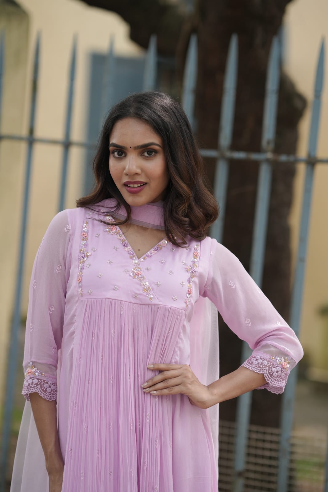 Handworked Pleated Kurta with Dupatta