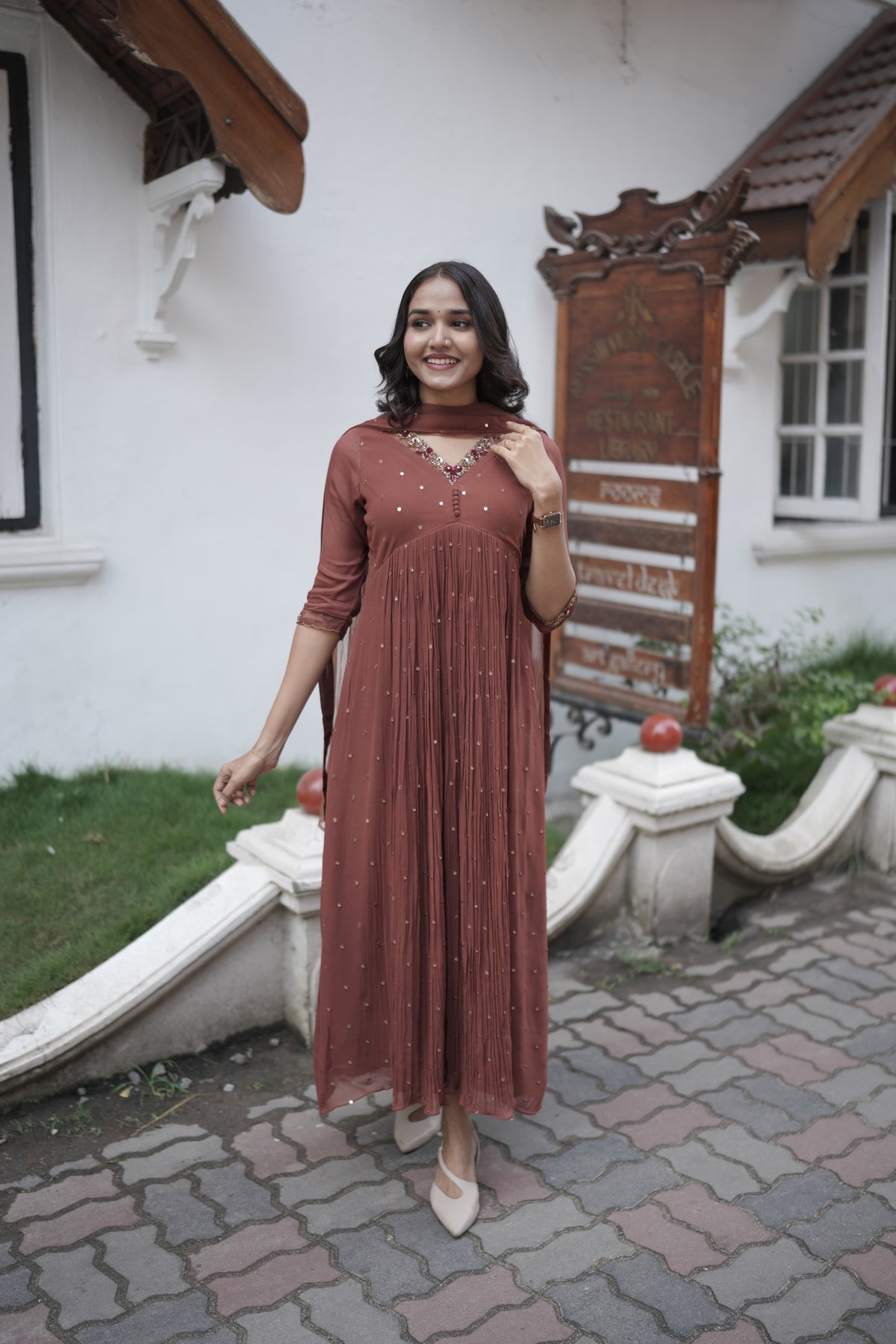 Handworked Pleated Kurta with Dupatta