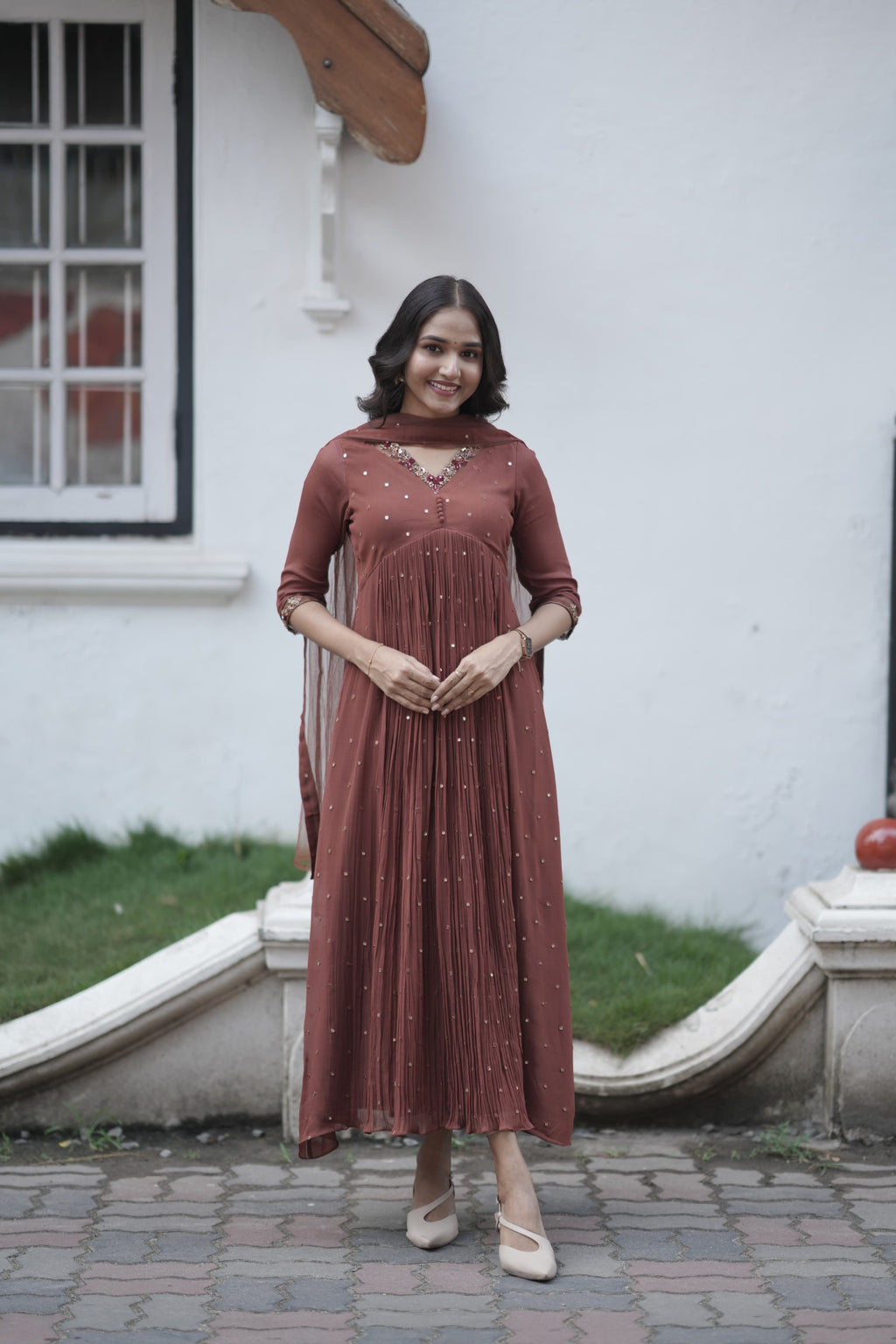 Handworked Pleated Kurta with Dupatta