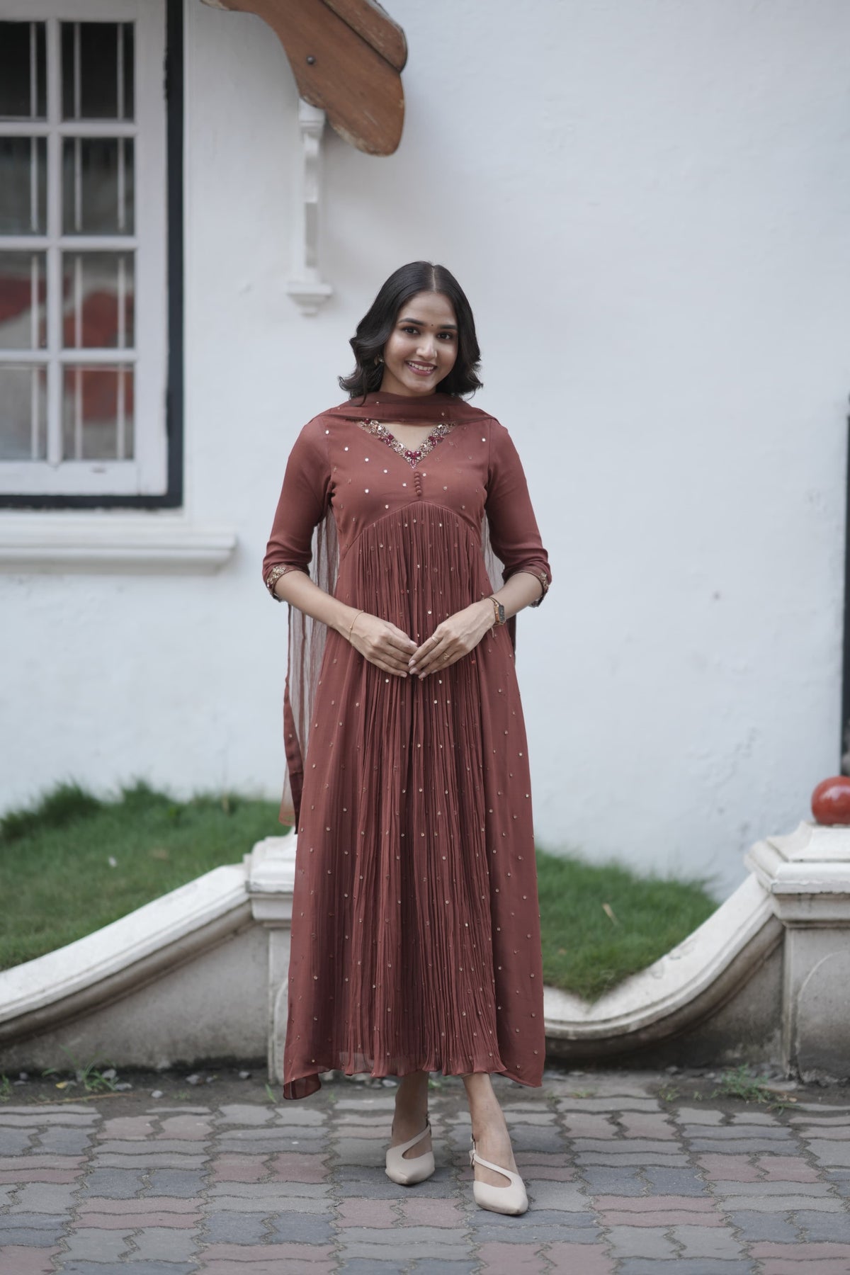 Handworked Pleated Kurta with Dupatta