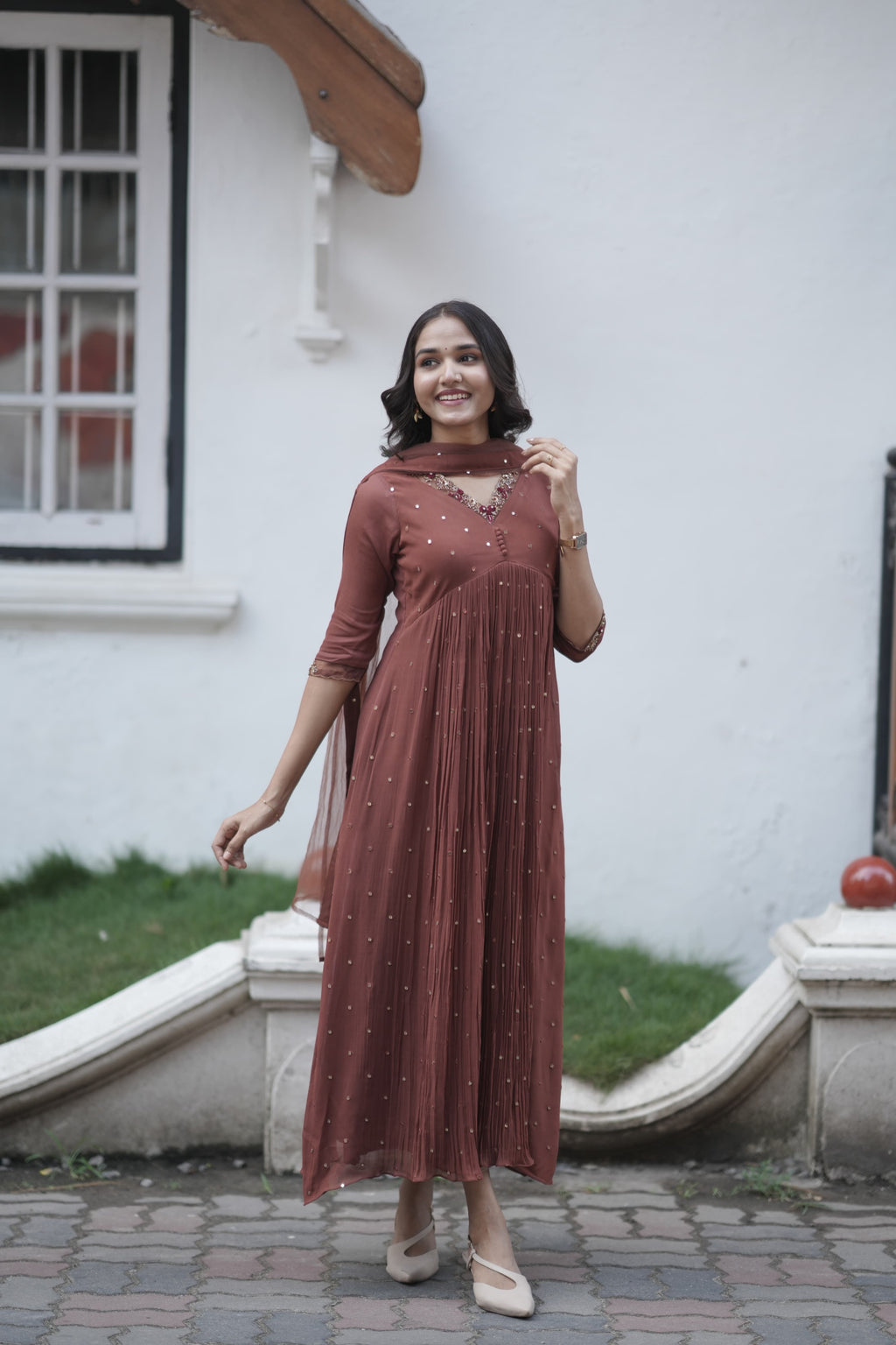 Handworked Pleated Kurta with Dupatta