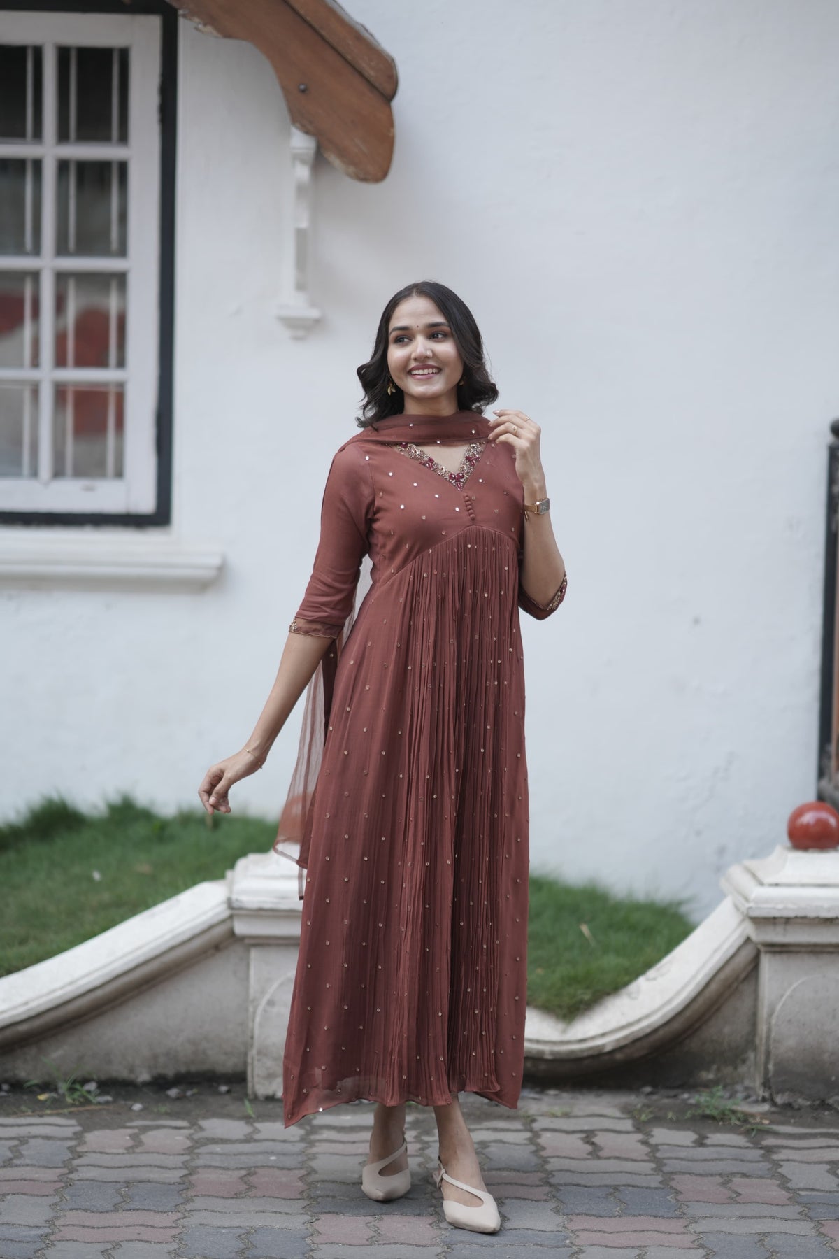 Handworked Pleated Kurta with Dupatta