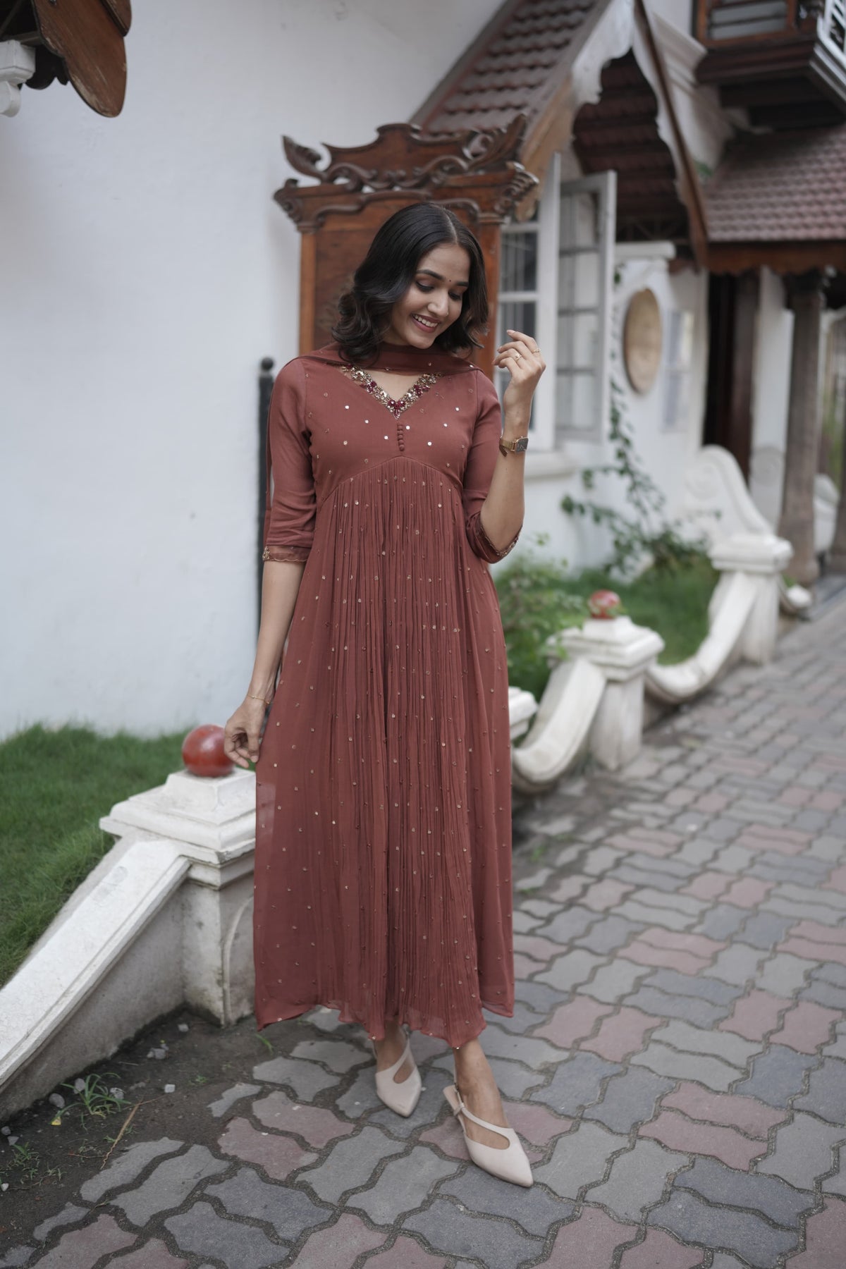 Handworked Pleated Kurta with Dupatta