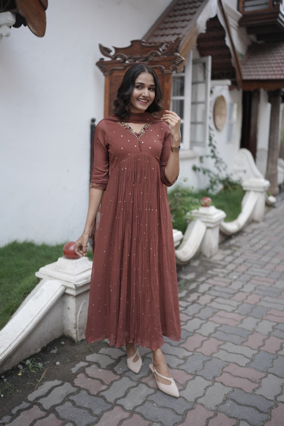 Handworked Pleated Kurta with Dupatta