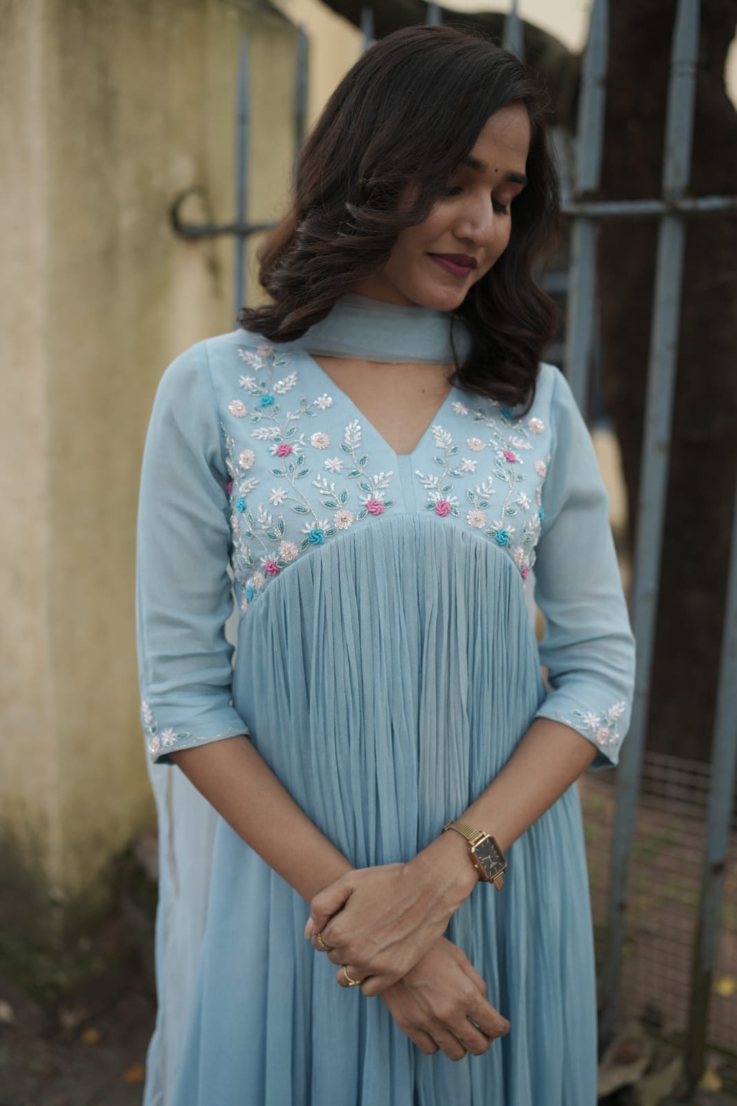 Handworked Pleated Kurta with Dupatta