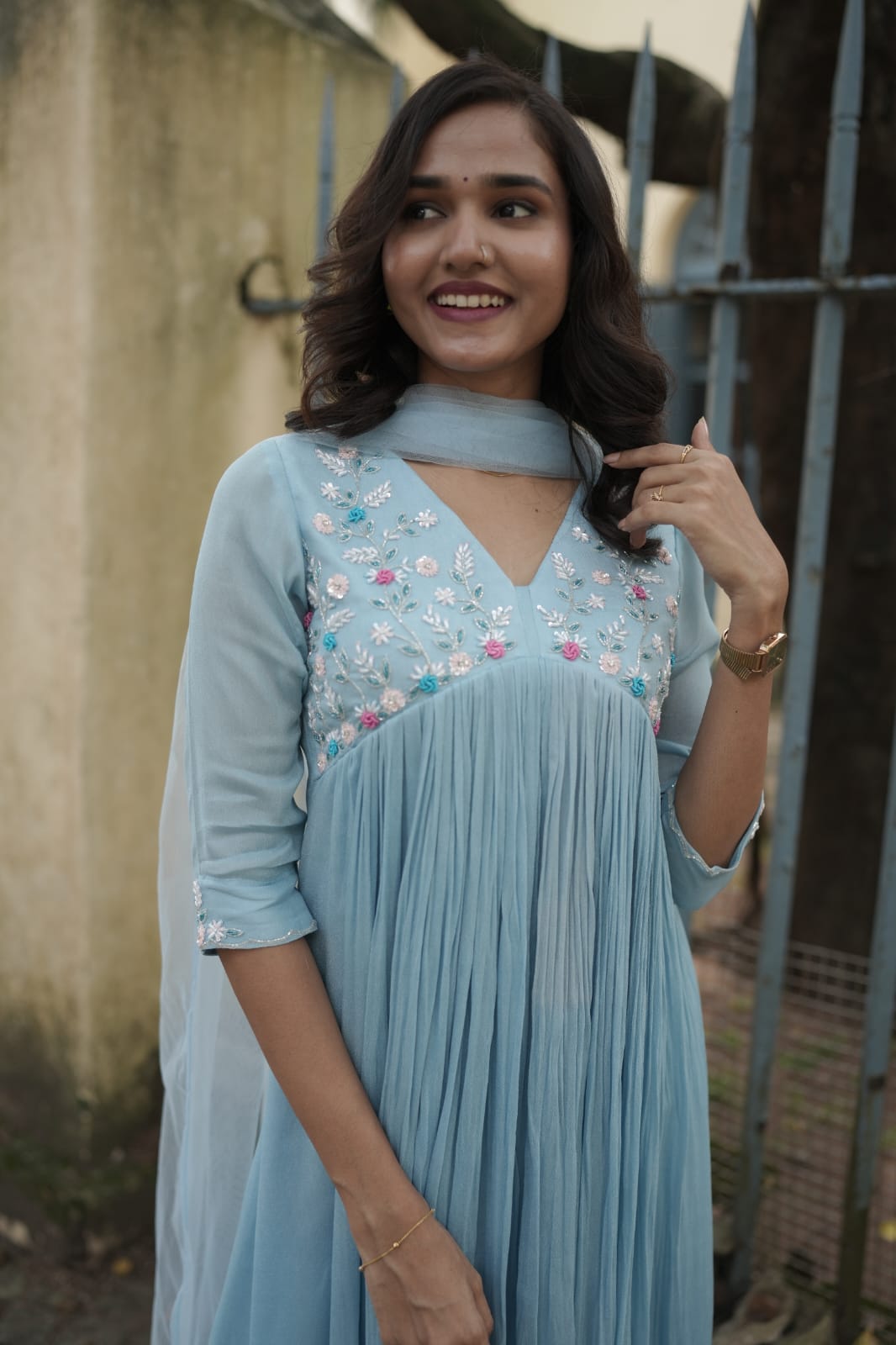 Handworked Pleated Kurta with Dupatta