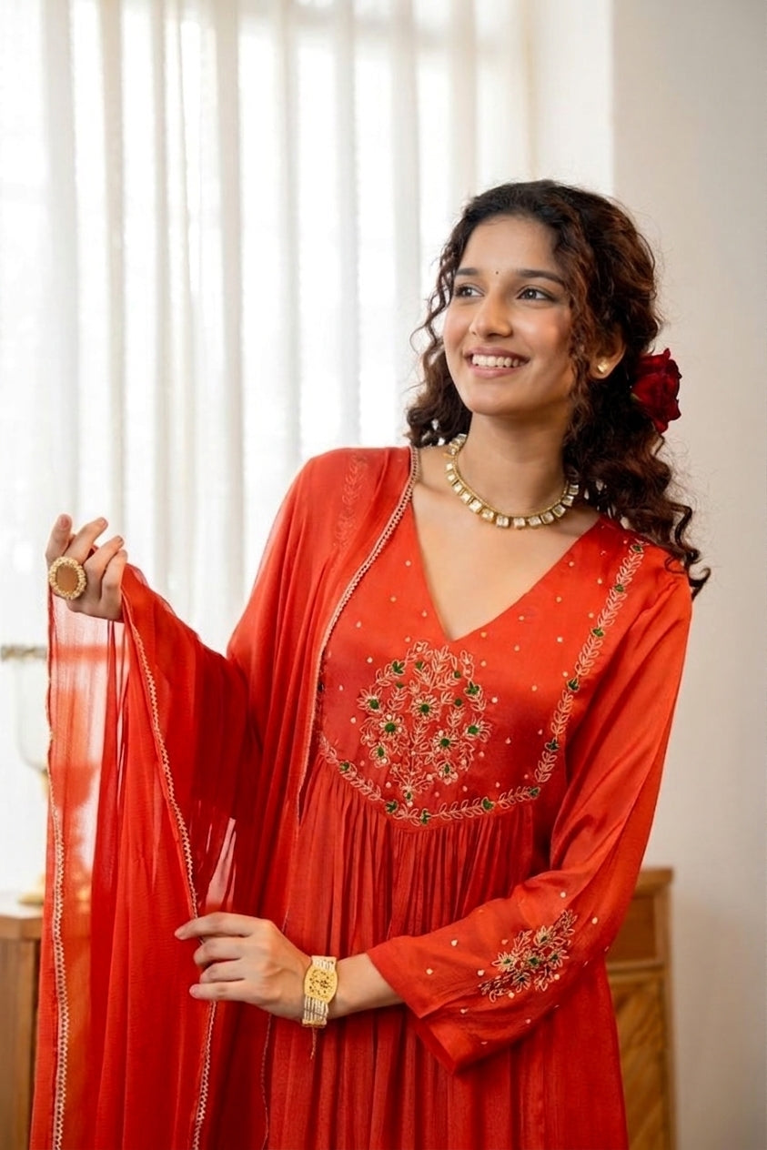 Handworked Pleated Kurta with Dupatta
