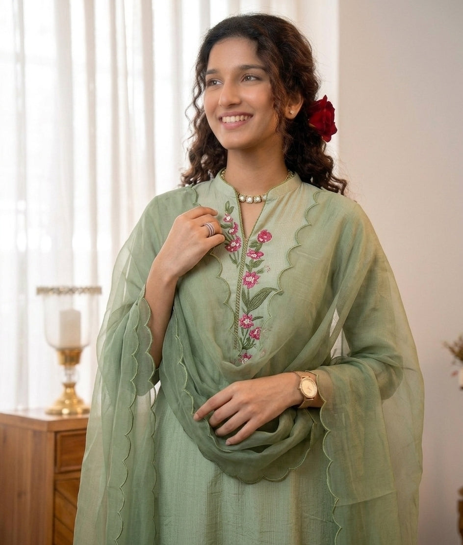 Handworked Kurta With Scalloped Dupatta
