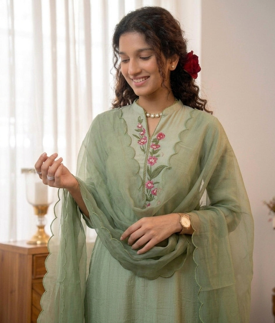Handworked Kurta With Scalloped Dupatta