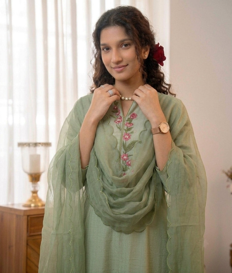 Handworked Kurta With Scalloped Dupatta