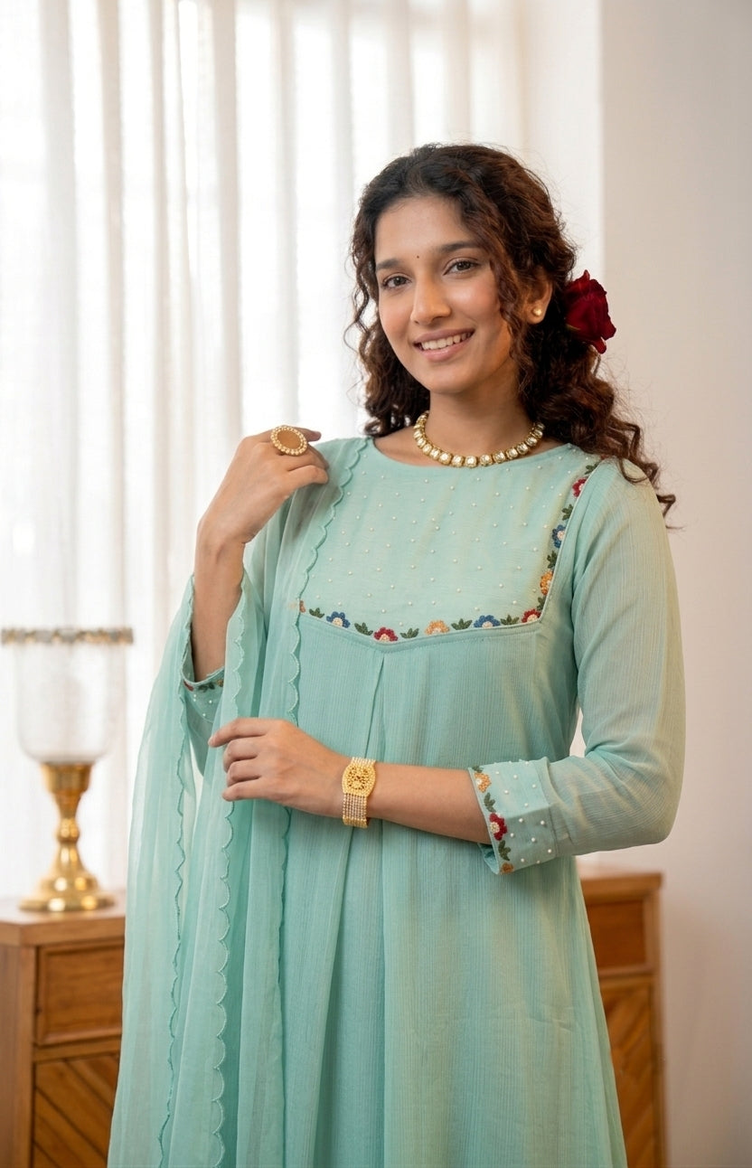 Handworked Pleated Kurta with scalloped dupatta