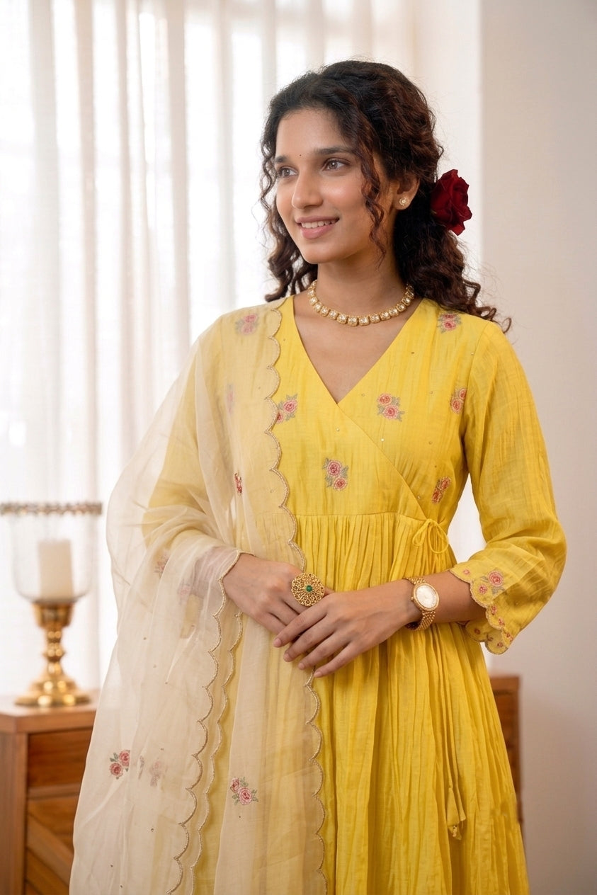 Handworked Pleated Kurta  with scalloped dupatta